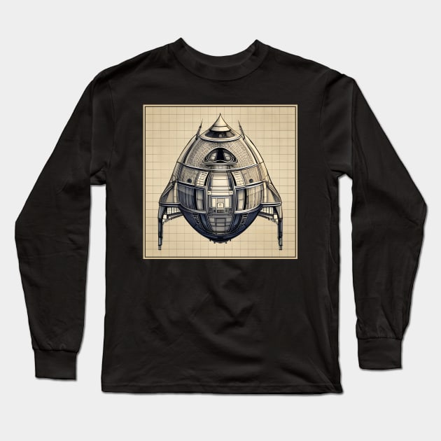 Retro Spaceship Design plan drawing Long Sleeve T-Shirt by LittleBean